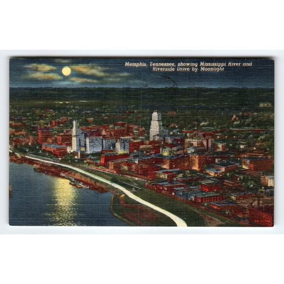 Vintage Memphis Tennessee Linen Postcard Mississippi River Moonlight - Picture 1 of 2